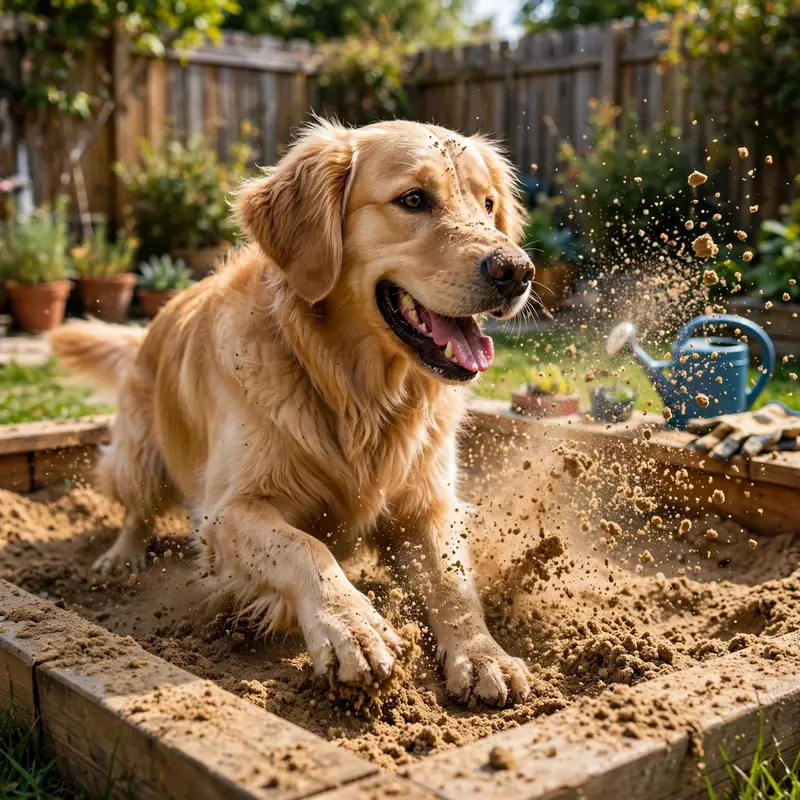 golden retriever digging up garden