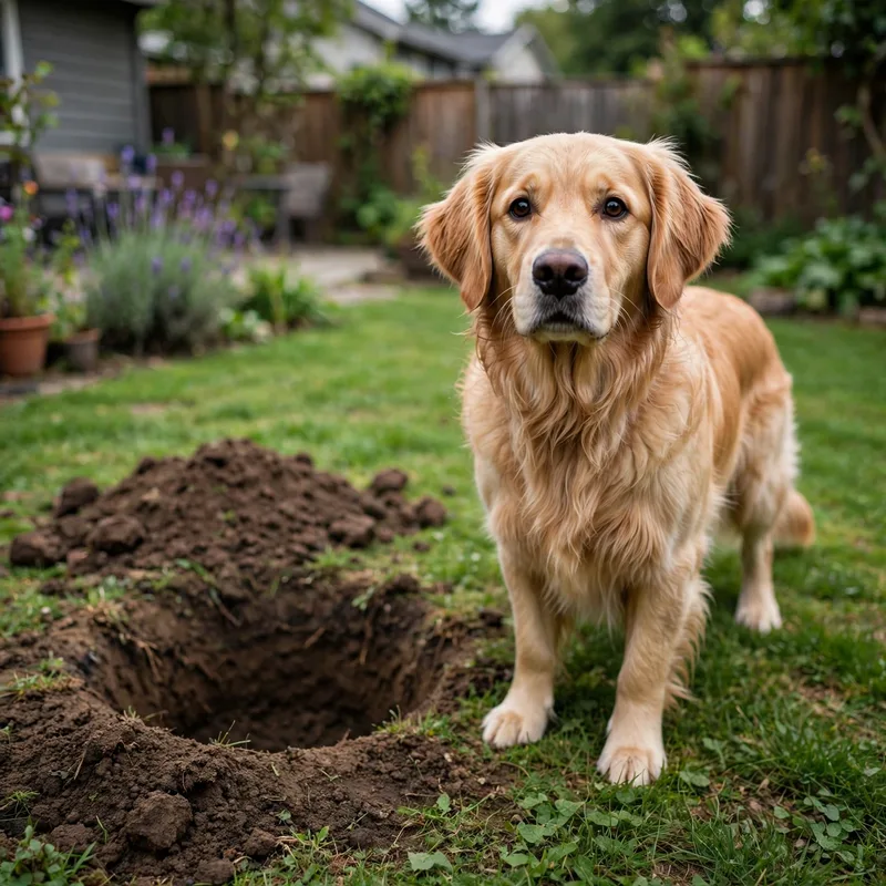 Golden Retriever digging up garden: dog standing next to a freshly dug hole in the lawn