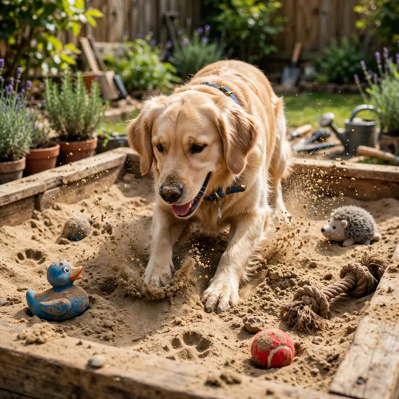 Golden retriever digging up garden in a wooden sandbox dig pit with half-buried dog toys