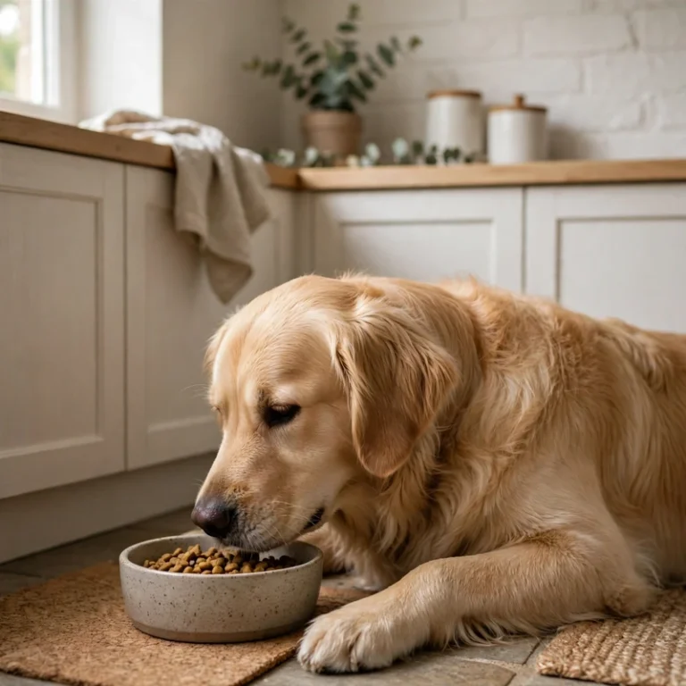 Golden Retriever eating peacefully and calmly from a bowl in a quiet kitchen corner