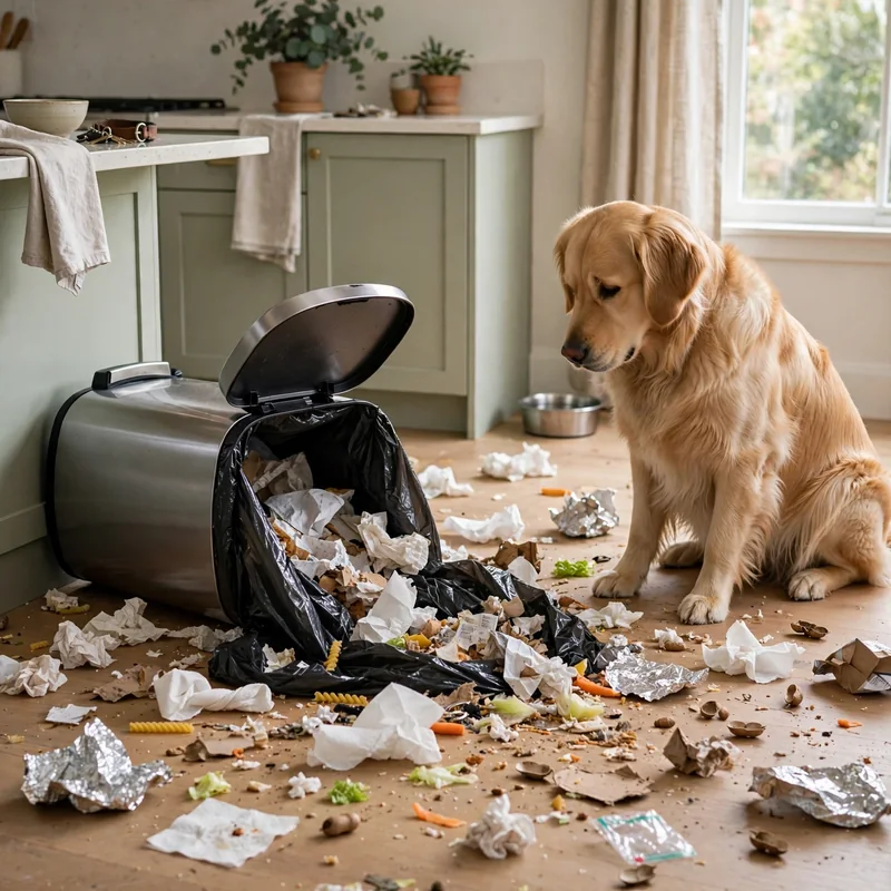 Tipped-over kitchen trash can with scattered trash and a sheepish Golden Retriever nearby