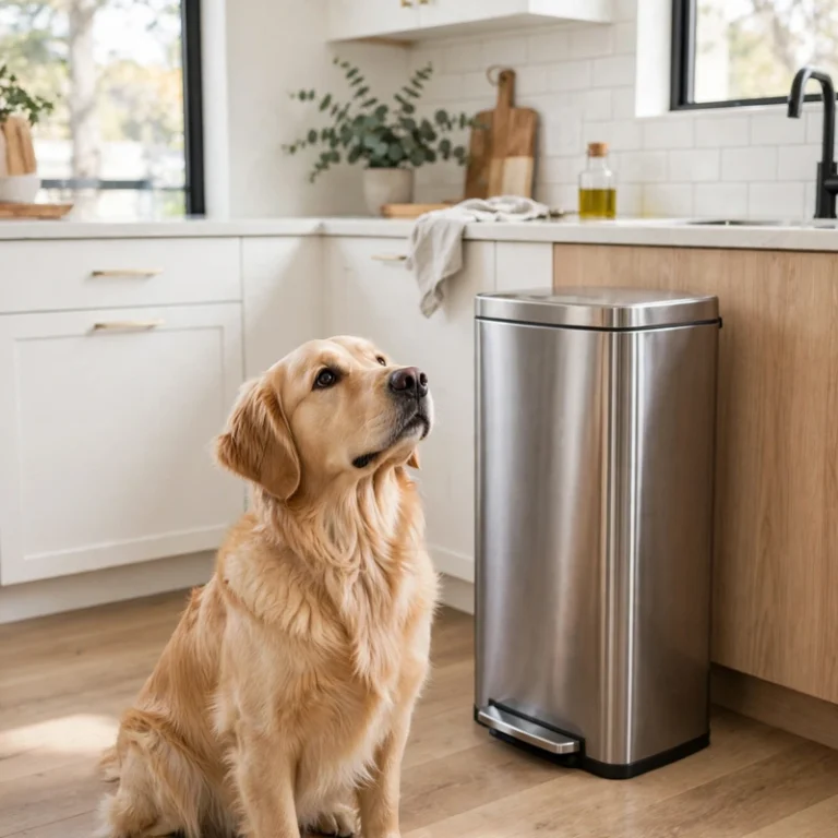 Golden Retriever eating garbage: dog sitting in a kitchen looking up at a closed trash bin