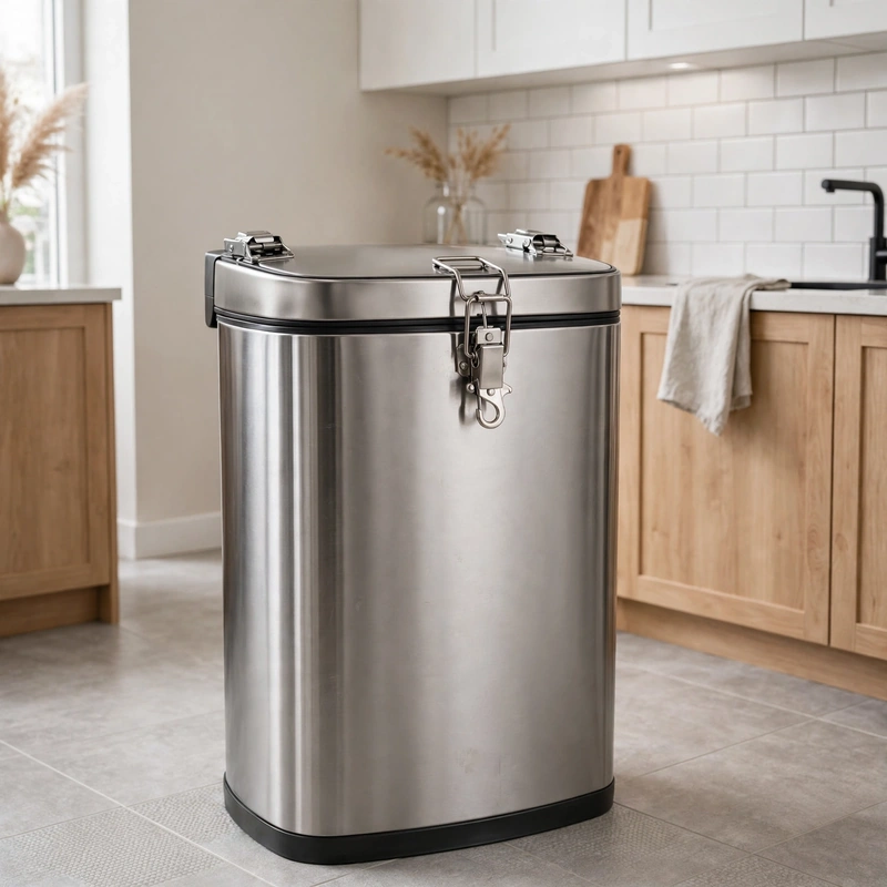 Stainless steel kitchen trash can with a secure locking lid