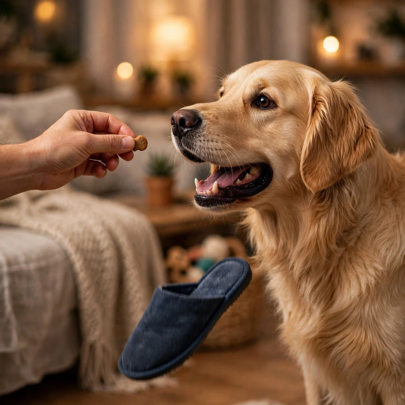 Hand offering a treat to a Golden Retriever dropping a slipper in a trade training game