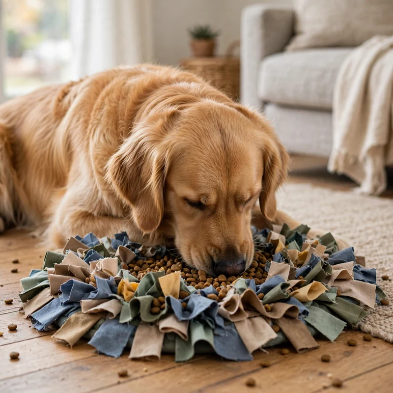 Golden Retriever eating kibble from a snuffle mat puzzle feeder