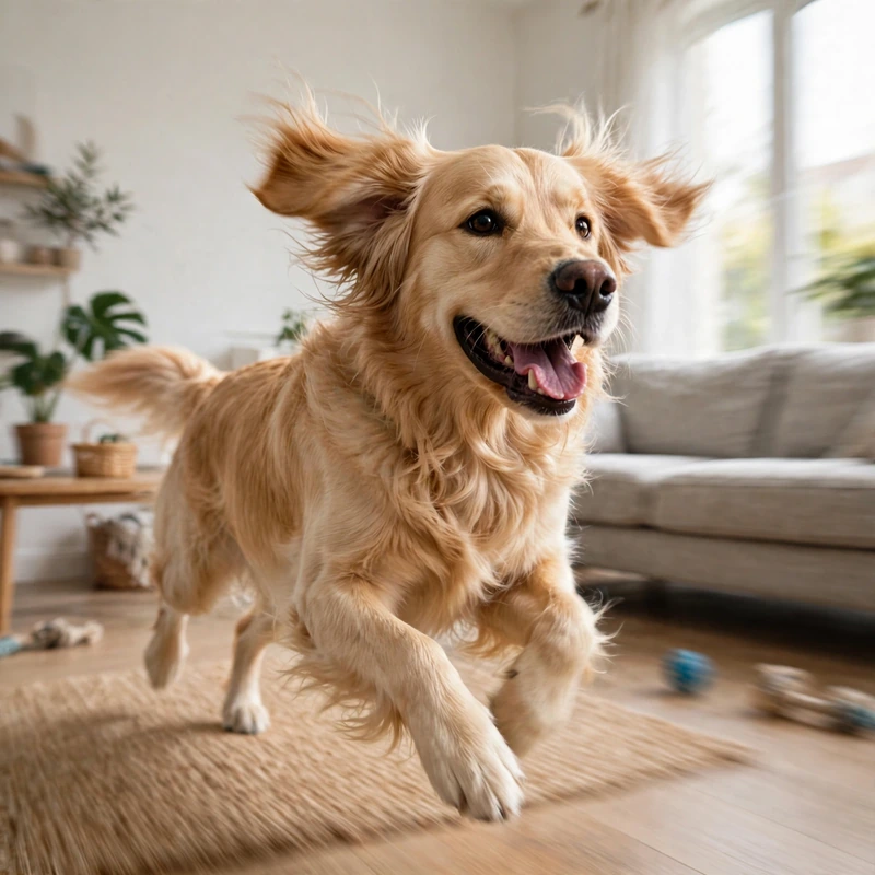 Hyperactive Golden Retriever mid-zoomies running across a bright living room