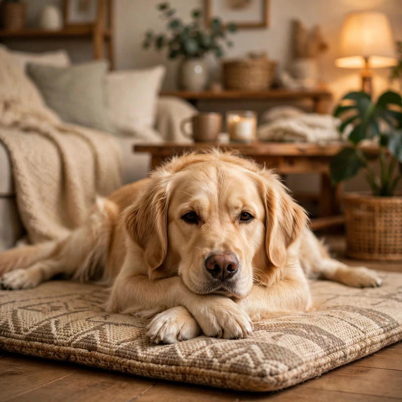 Calm Golden Retriever lying relaxed on a mat in a cozy living room