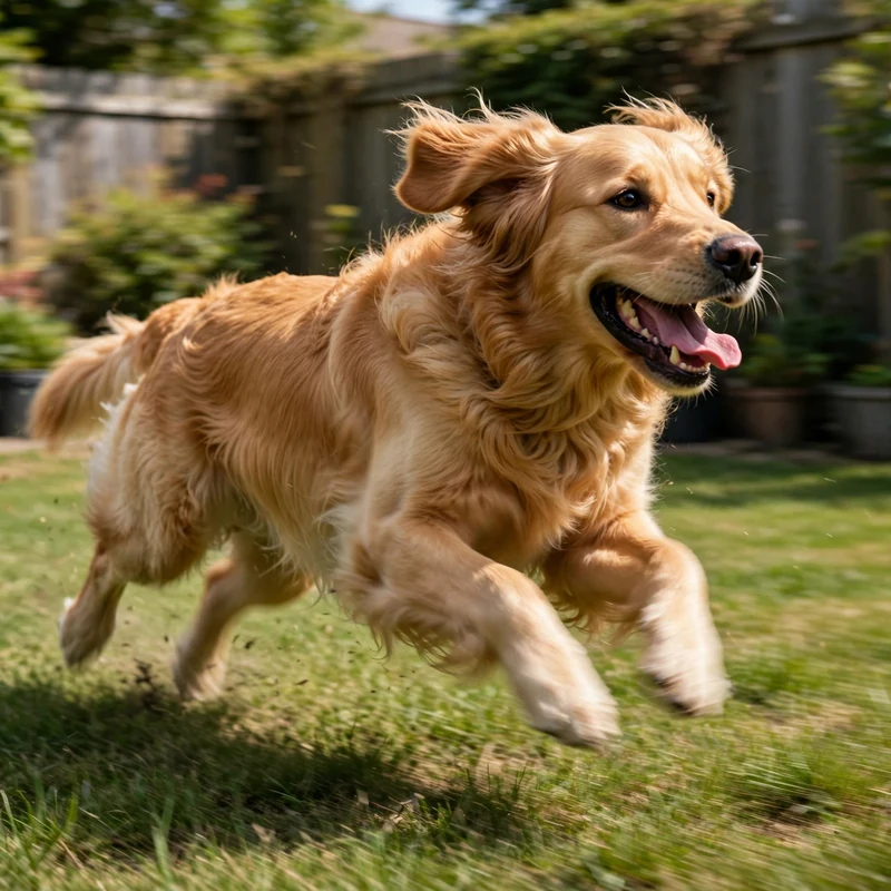 Golden Retriever sprinting at full speed across a grassy backyard