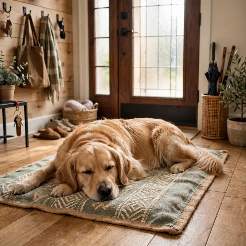 Golden Retriever lying calmly and relaxed on a dog mat near the front door