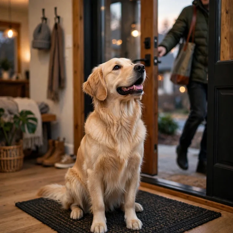 Golden retriever jumping on guests: dog sitting calmly and politely at a home front door while a guest enters