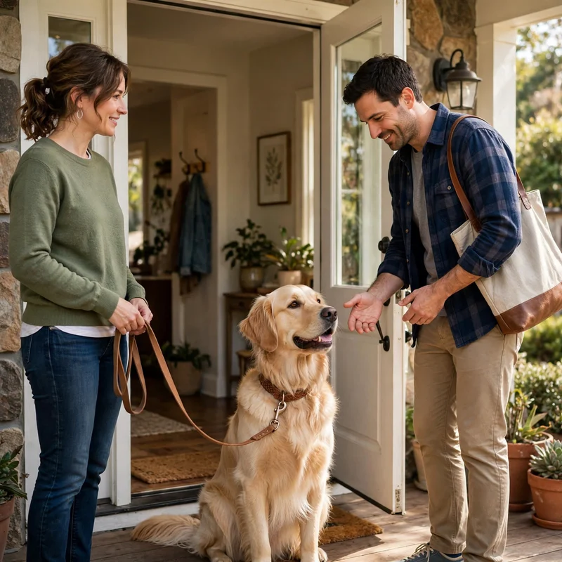 Golden retriever jumping on guests: train a polite sit greeting at the front door instead