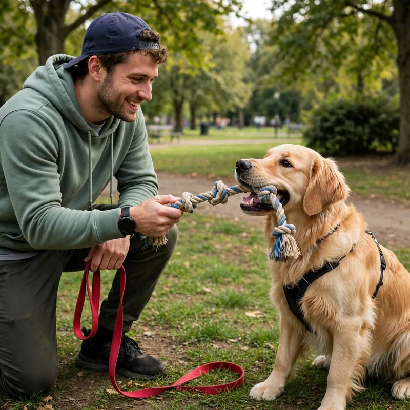 Golden retriever biting leash redirected with a tug toy on a walk