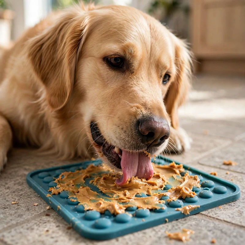 Golden Retriever licking a lick mat, a calming tool that helps manage golden retriever excessive licking