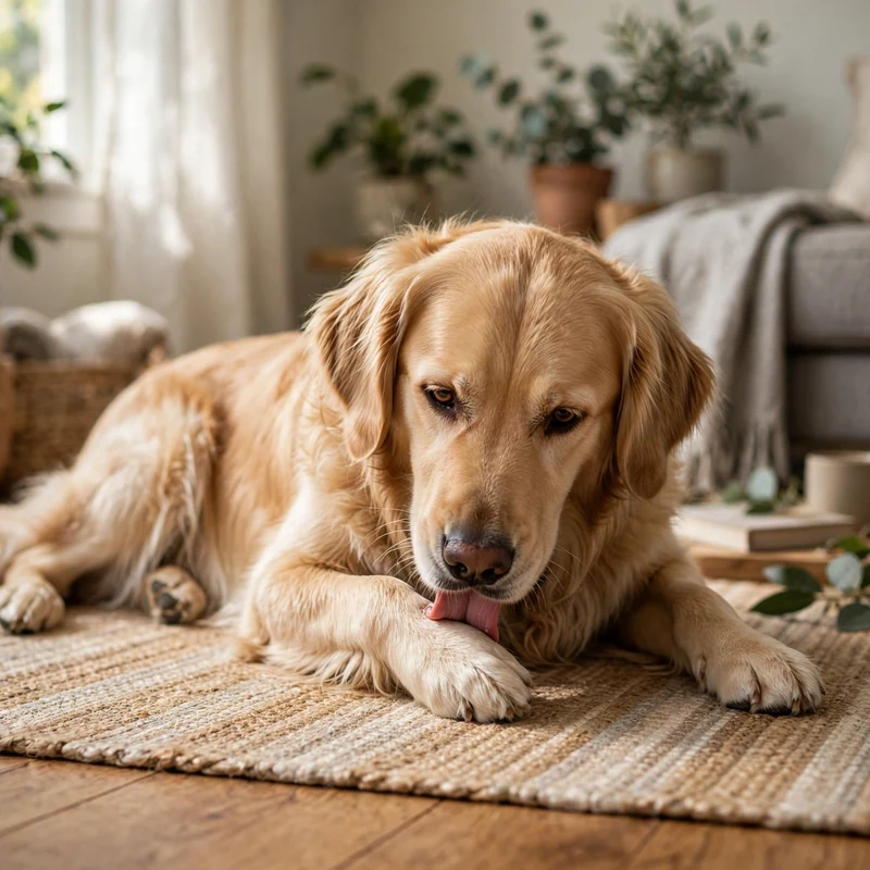 Golden retriever excessive licking: close-up of a Golden Retriever licking its paws