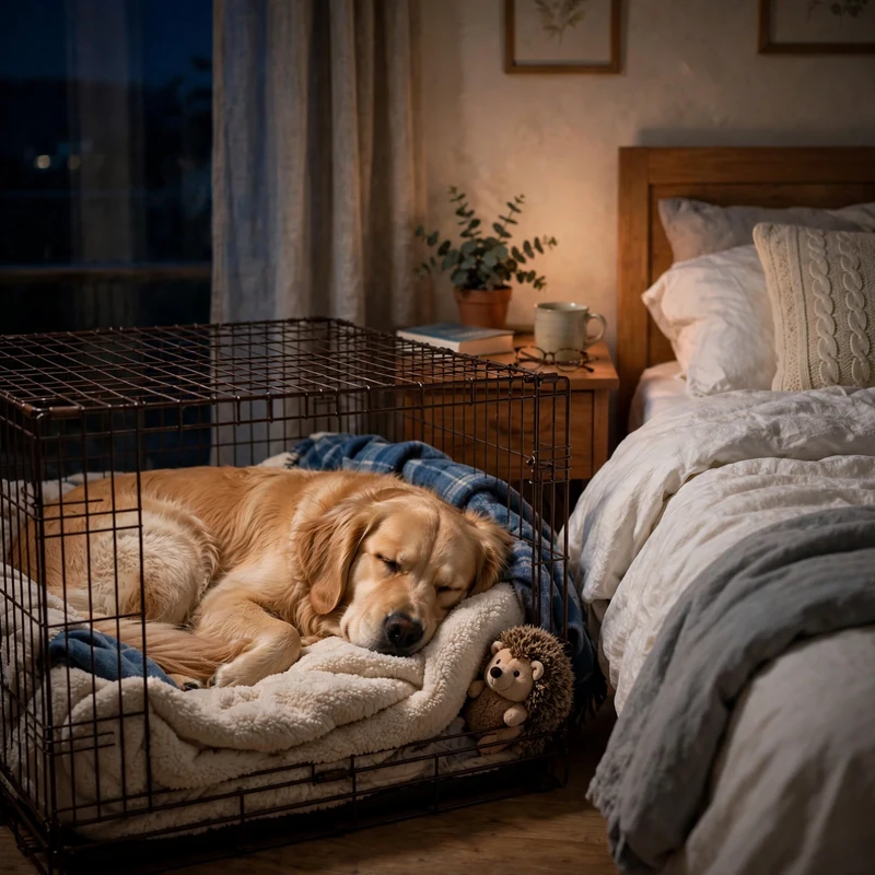 Golden Retriever sleeping peacefully in cozy crate at night