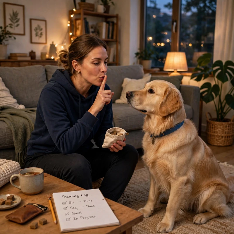 Owner practicing quiet cue with Golden Retriever using treats