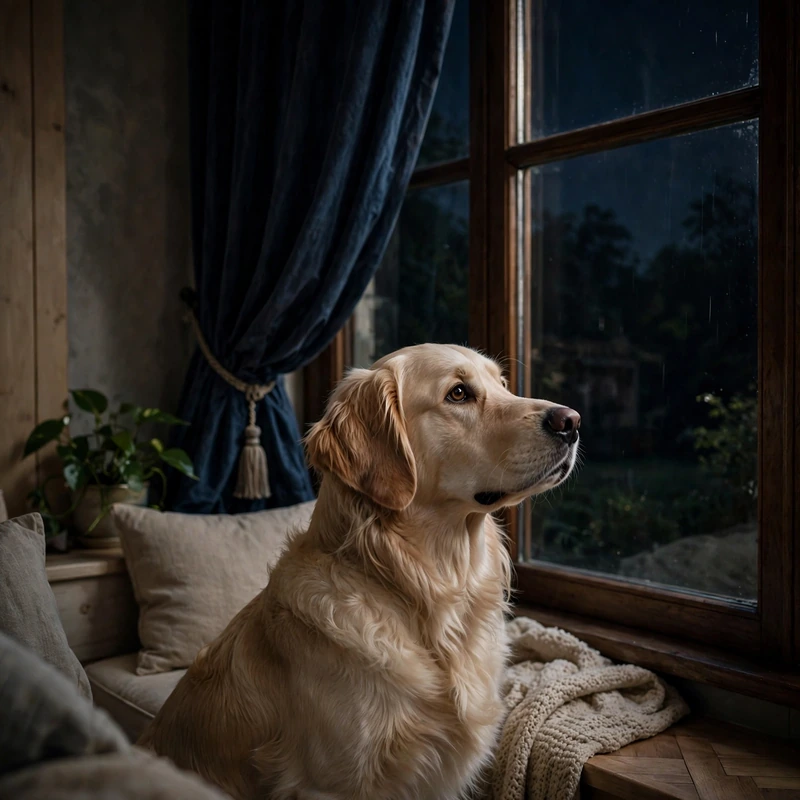 Golden Retriever looking out dark window, curtains drawn