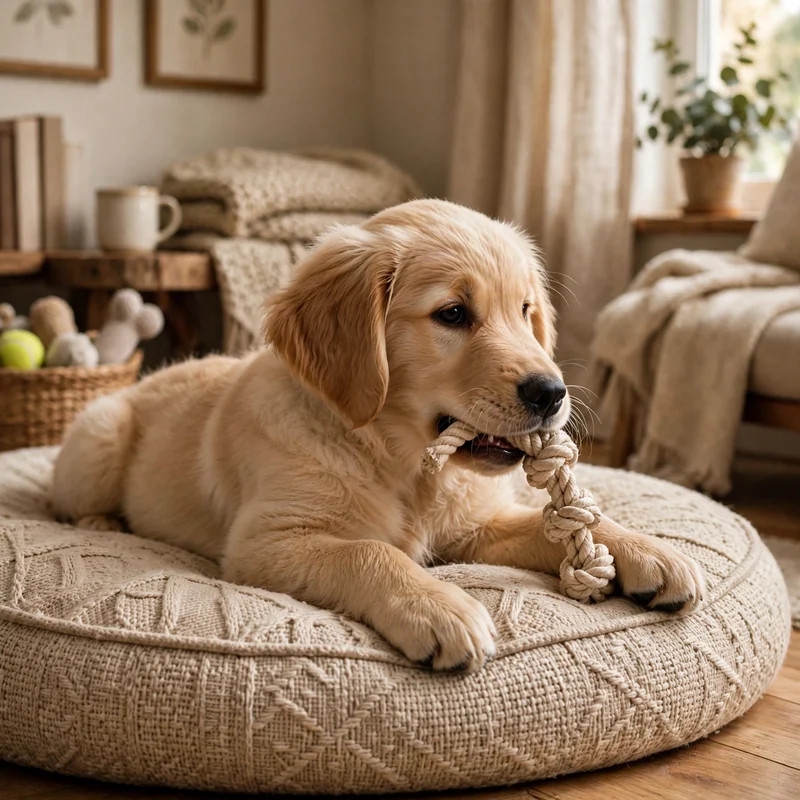 Calm Golden puppy on dog bed chewing a toy