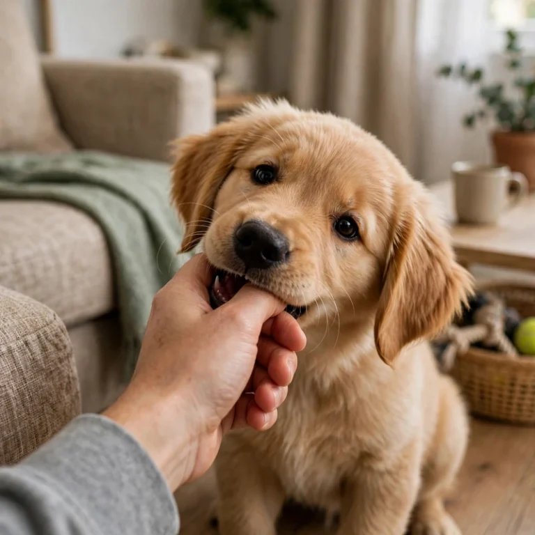 Golden retriever puppy nipping: Golden Retriever puppy gently mouthing a hand