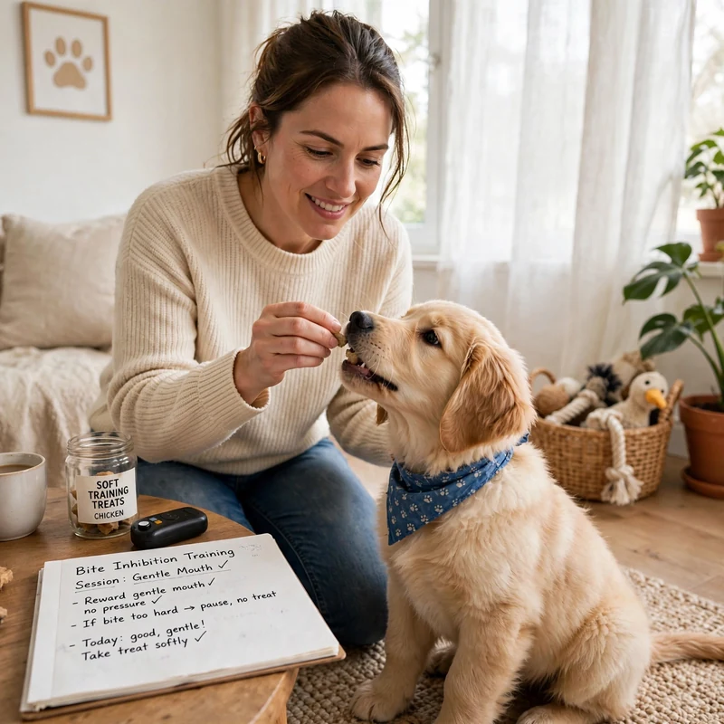 Owner rewarding Golden puppy for gentle mouth behavior