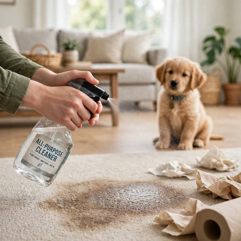 Golden Retriever puppy watching while an owner cleans a carpet spot with enzymatic spray after a potty training accident