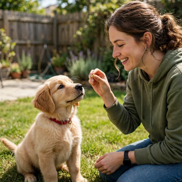 Golden Retriever puppy in a backyard being rewarded with a treat by its owner for solving golden retriever potty training problems
