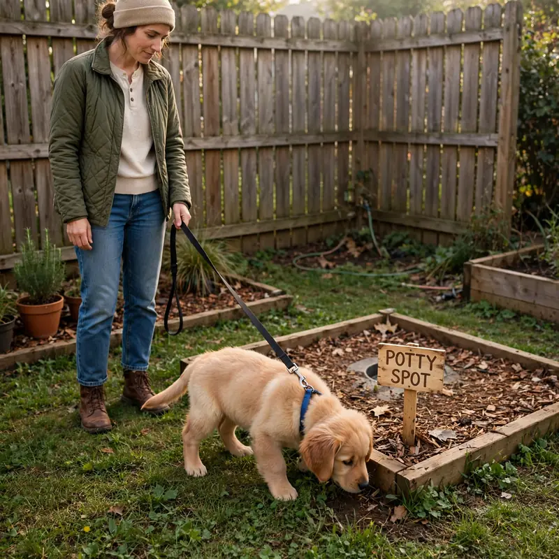 Golden Retriever puppy on leash learning potty training at a designated backyard potty spot