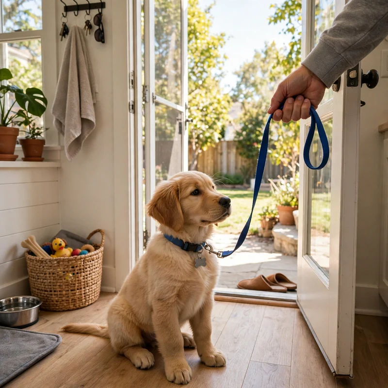 Golden Retriever puppy sitting by an open back door asking to go out during potty training