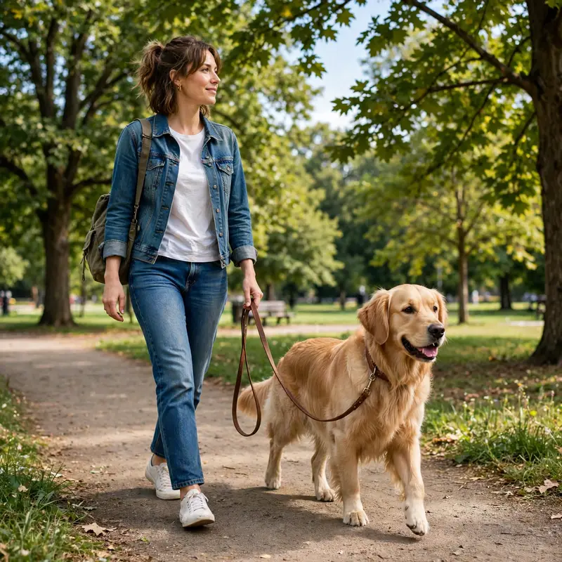Golden Retriever walking calmly on a loose leash beside its owner — golden retriever pulling on leash training goal