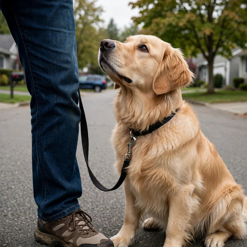 Golden Retriever heeling on a slack leash during loose-leash training to stop golden retriever pulling on leash