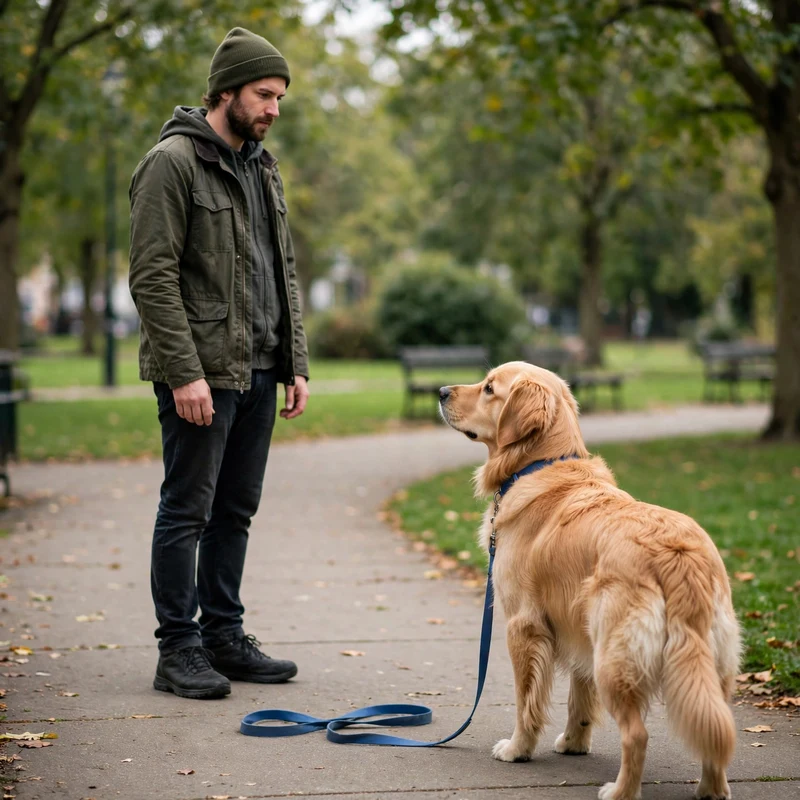 Owner stands still like a tree while a Golden Retriever turns back, stop-and-wait method for golden retriever pulling on leash