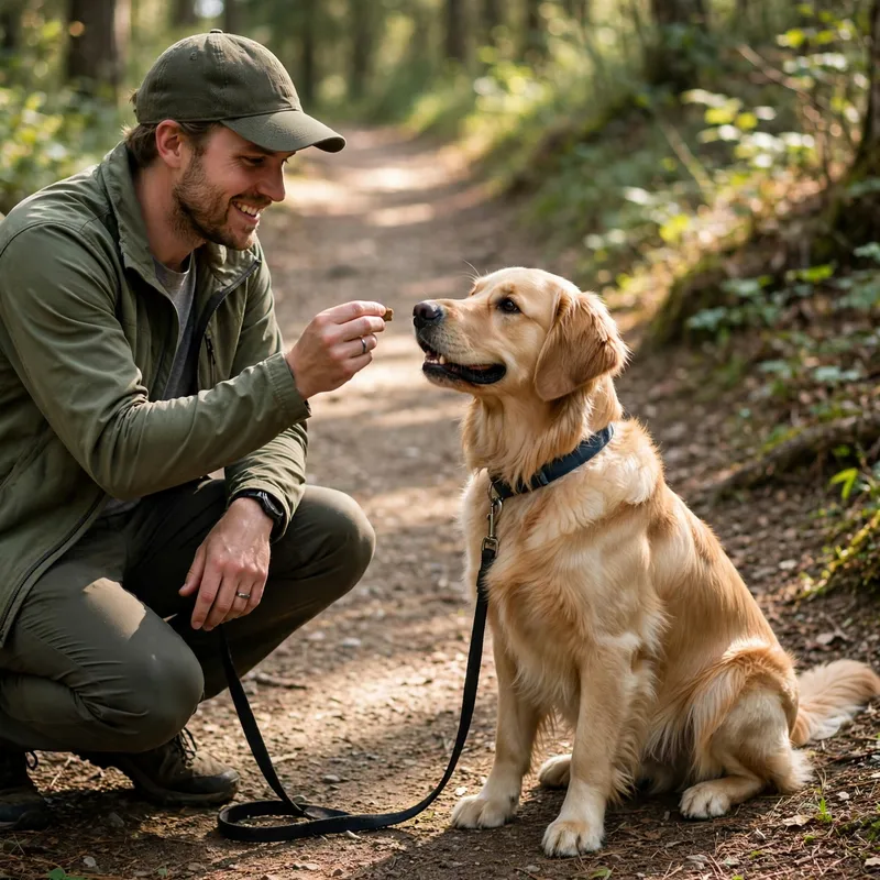 Owner rewards a Golden Retriever at heel with a treat, engagement walking to fix golden retriever pulling on leash