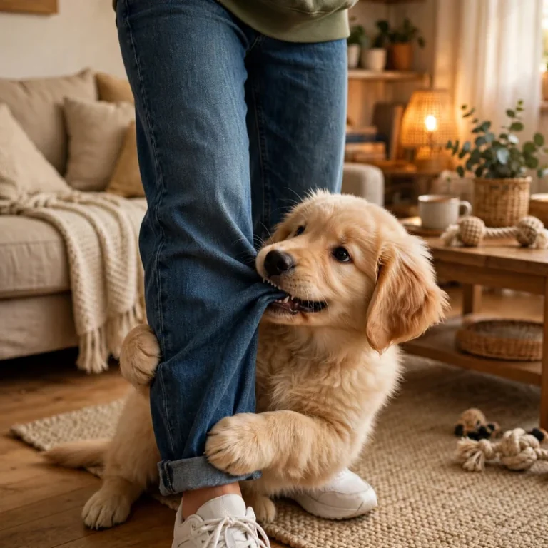 Golden Retriever puppy biting ankles and pant legs