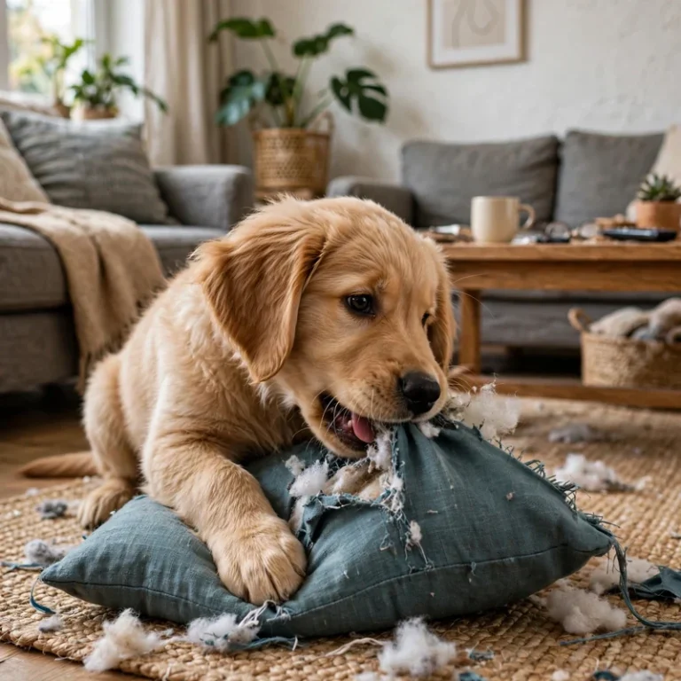 Golden retriever puppy chewing everything: Golden Retriever puppy chewing a cushion