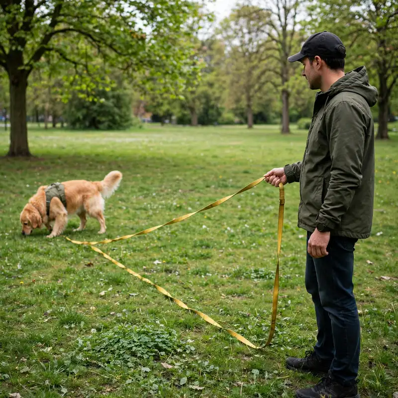 Golden retriever ignoring recall training on a long line in a park