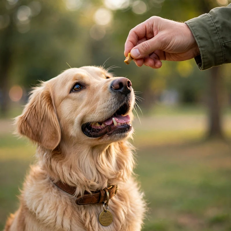 Golden retriever ignoring recall rewarded with a treat after a successful recall
