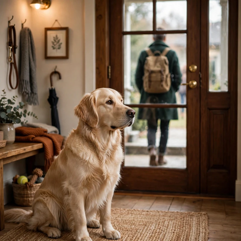 Golden Retriever separation anxiety: dog sitting by a closed front door watching its owner leave