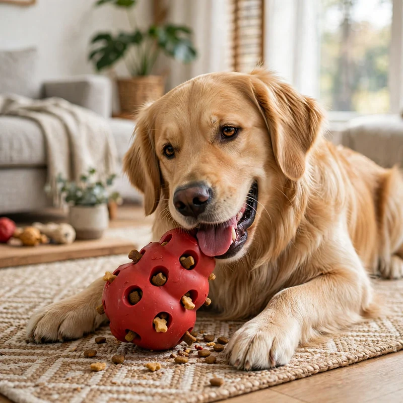 Golden Retriever happily chewing a food-stuffed puzzle toy on a rug