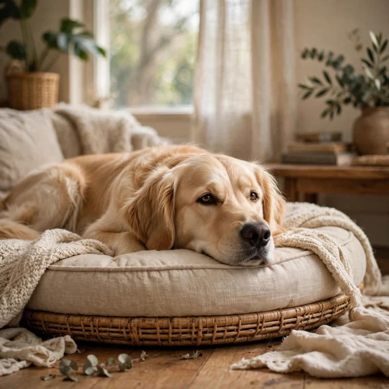 Golden Retriever resting calmly and relaxed alone on a cozy dog bed
