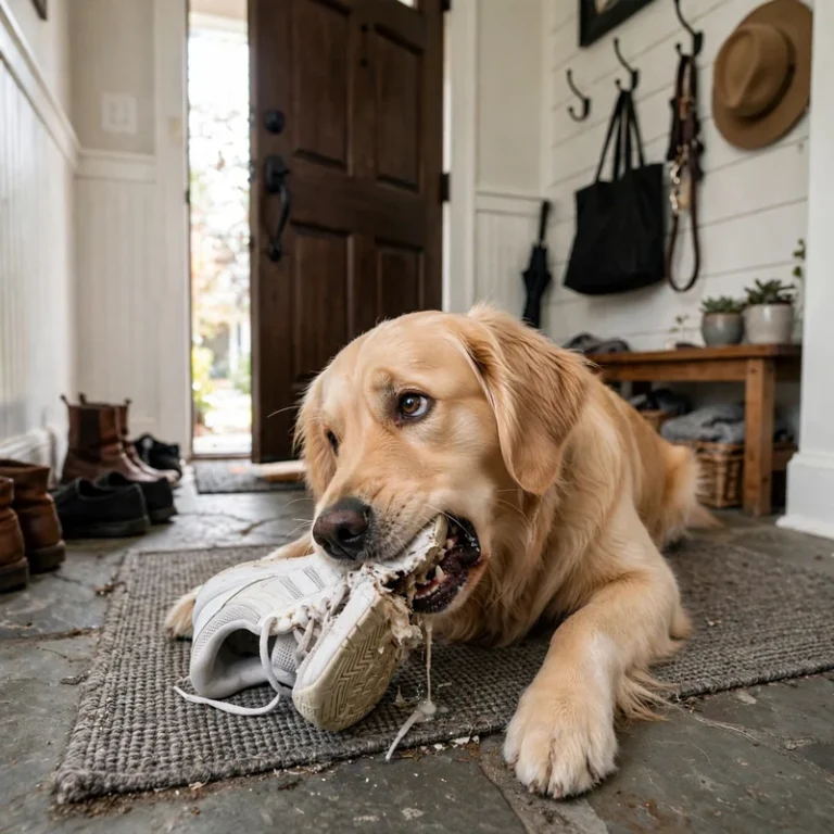 Golden retriever chewing shoes when left alone: Golden Retriever chewing a sneaker on the floor