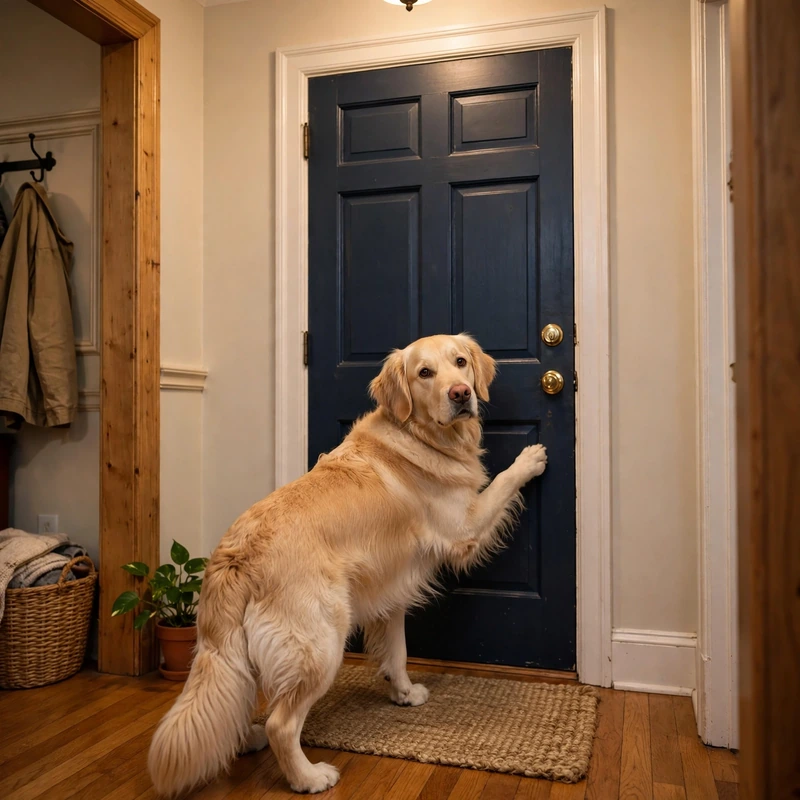 Golden retriever whining for attention at a closed front door, pawing gently and looking back expectantly