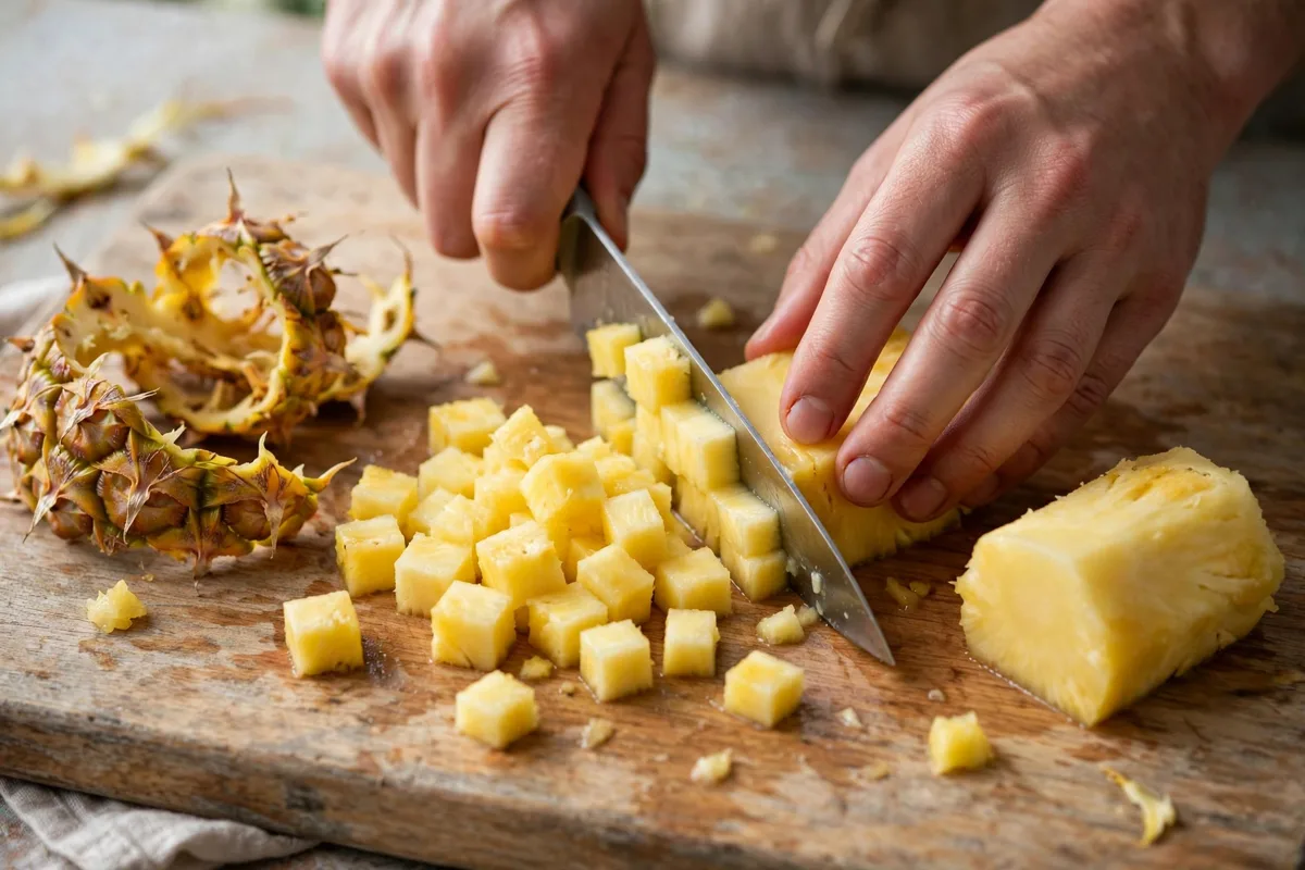 preparing pineapple for dogs by cutting the flesh into cubes and removing the core and skin