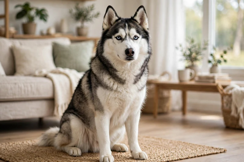 Calm Siberian Husky sitting in a bright living room, looking relaxed toward the camera — husky prey drive cats guide