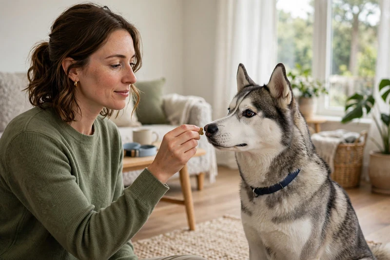 Woman rewarding a Siberian Husky during 'leave it' training for husky prey drive cats impulse control