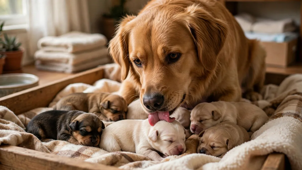 a mother dog licking her puppies, where dog licking behavior begins
