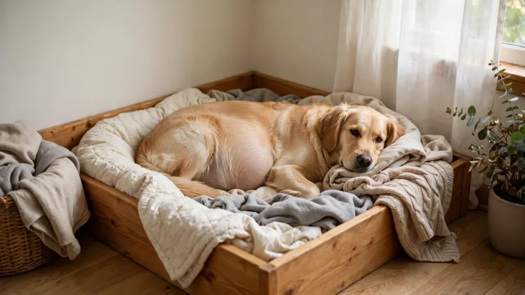 a pregnant dog nesting in a whelping box before giving birth
