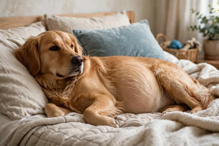 how can you tell if the dog is pregnant - a pregnant dog with a rounded belly resting at home