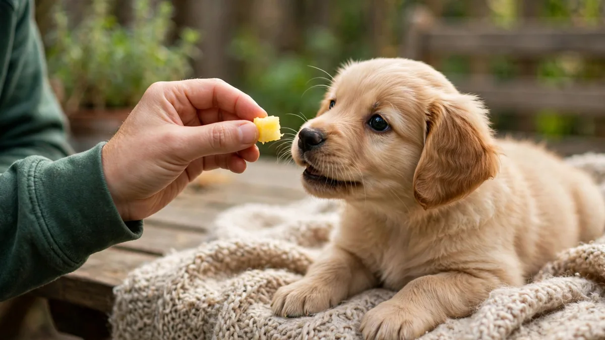 a puppy being fed a small piece of fresh pineapple by hand