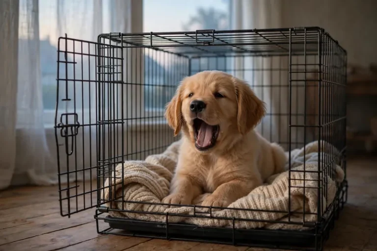 Sleepy golden retriever puppy yawning inside a cozy crate at dawn, soft morning light, when your puppy wakes up at 5am