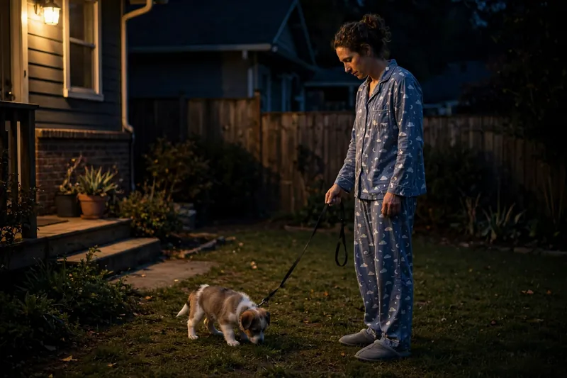 Owner in pajamas calmly taking a small puppy out for a late-evening potty trip in a dark backyard, a key step when your puppy wakes up at 5am